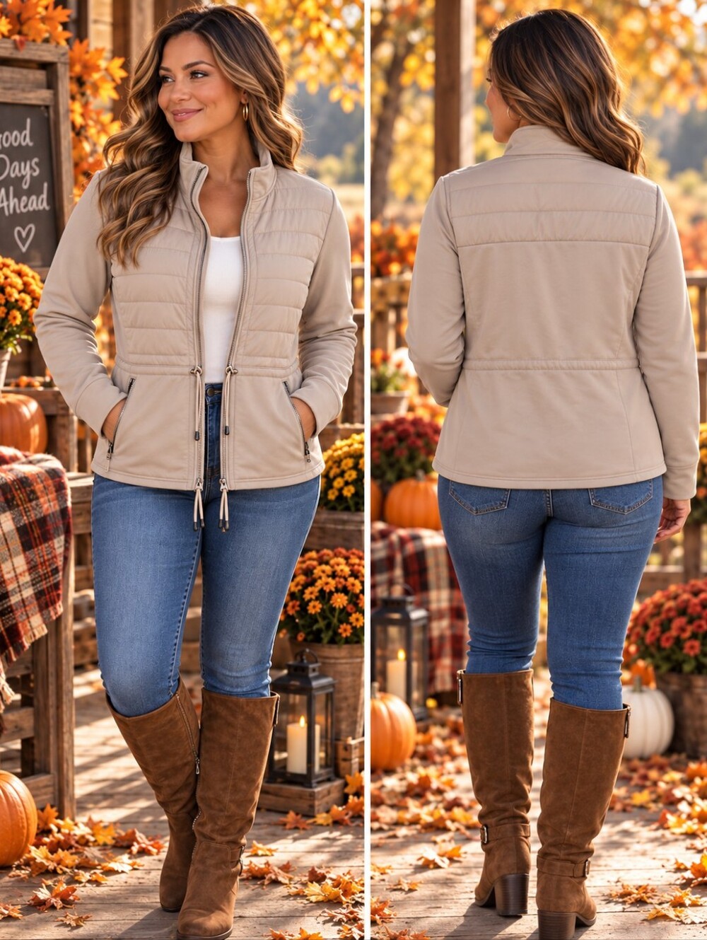 Avia Women’s M 8-10 Beige Quilted Mixed Media Jacket Drawstring Waist